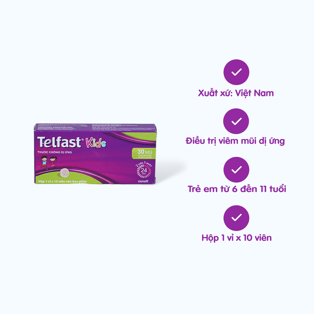 Telfast Kids 30mg – Điều trị viêm mũi dị ứng và mày đay (10 viên) - ảnh 1