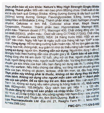 Viên uống Nature's Way High Strength Ginkgo Biloba 2000mg bổ não, tăng cường trí nhớ - Ảnh 2
