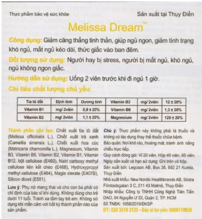 Viên Uống Melissa Dream Giảm Căng Thẳng, Giúp Ngủ Ngon Hộp 40 Viên - Ảnh 2