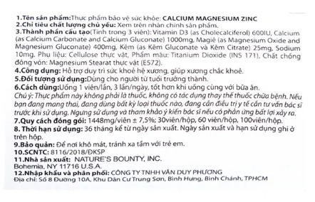 Viên Uống Calcium Magnesium Zinc Bổ Sung Canxi, Magie, Kẽm (Hộp 100 Viên) - Ảnh 2